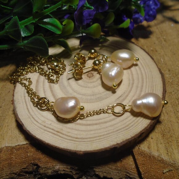 NWOT Double pearl dangle necklace & earring set real freshwater pearl Great Gift - Picture 2 of 5